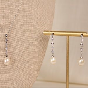 925 Sterling Silver with CZ Fresh Water Pearl Necklace & Earring Set